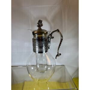 Vintage Corning Glass Carafe Ornate Silver-plated Handle Lid Chiller Stunning